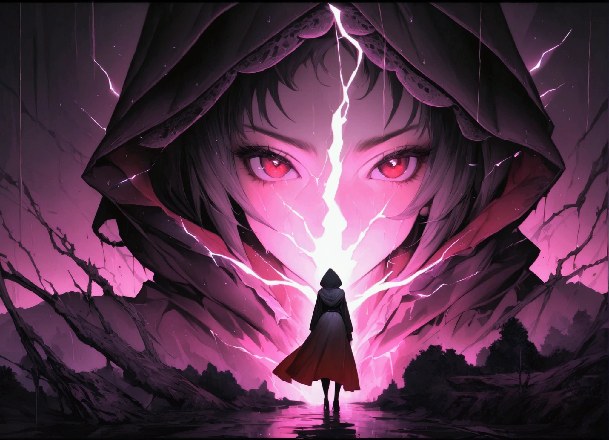 masterpiece, witch, The body is attractive、, Wearing a hood, In the Shadows, , The colours of Positano, Completely in frame, whole body, Releases electrical energy, whole body, Beautiful anime waifu style man, Ultra-Definition CG Painting, Luminism, art:Karn Griffiths、ヴァディム・カシン コンセプトart, 8k resolution, Fractal isometric detail bioluminescence , complicatedly detailed , Cinematic, trending on art station Isometric Centered hyper Realistic cover photo awesome full color, granular, Realistic, complicated, Hit definition , Cinematic, bold, Vibrant, wonderful, Super high quality model、Being pelted with rain in the dark、Lightning Control、Red eyes