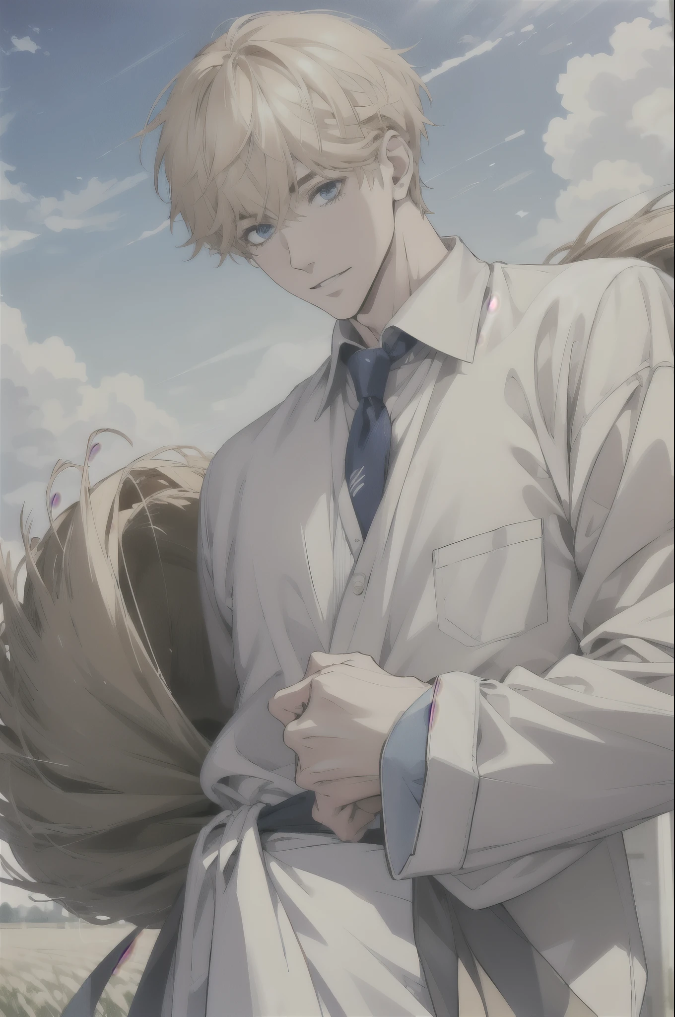 blond hair, blue eyes,crossed bangs, tall guy, baby_face,anime style,bishonen,1boy,
(absurdres, highres, ultra detailed), handsome, (solo),
pale smile,
grainy, rustic, front view, 1male, solo, holding a large cotton bale, workwear, proud, bale tag and cotton buds, cotton farm with blue skies and grassy fields in the background penis nude socks 
