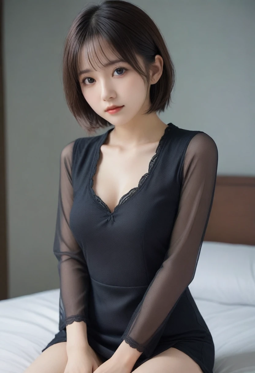 8k, Ultra-high resolution, Highest quality, masterpiece, Rule of thirds photograph,surreal, photograph, 1 Girl, (:1.3), pretty girl, Cute Face, Beautiful eyes in every detail, Detailed,masterpiece,One Girl:1.2, Japan Female Announcer, from below,sad,streaming tears,Black short hair,Messy hair,(black suit:1.3),mourning clothes,(Impressionist Portrait of a Beautiful Girl), (Gray background:1.3),(Impressionist light and colour),Realistic Skin, Perfect and beautiful face ,Perfect and cute face, Skin with attention to detail, Perfect limbs、Narrow waist,Looking at the audience、beauty,Long neck,clavicle,(((Ideal body type))), big pretty breasts :2,Portraiture:2,Perfect Anatomy,Vividly detailed,detailed,surreal,Light and shadow,spotlight, beautiful legs, exposed shoulders, exposed waist, exposed thighs, white color sexy cheongsam pajamas, on the bed, night, warm light