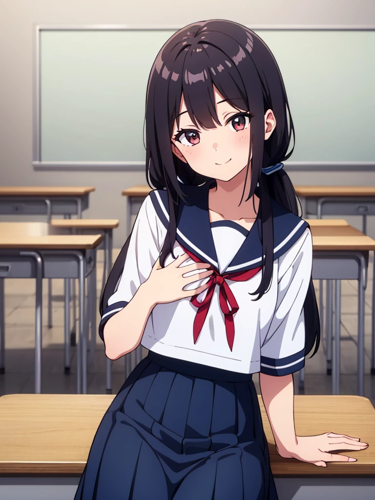 1girl, sitting, (waving at the camera with left hand), (right hand on chest), (head tilt), smile, 15yo, classroom, indoors, school chair, school desk, (low twintails girl), low pigtails, red ribbon on hair, very long black hair, white serafuku with blue ribbon, navy-blue collar, navy-blue skirt, (dark brown eye), afternoon, summer, school, (from front:1.4), upper body, anime, high brightness, detailed face, detailed eyes, (high quality, ultra detailed, masterpiece, super detail, highres, anatomically correct, UDH), good hands, good fingers Japanese anime style, extremely cute, good hands, good fingers, digits