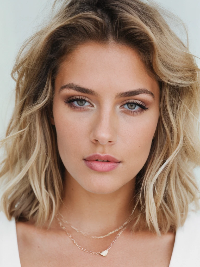 a beautiful 23-year-old woman, victoria secret, top model, pose for the picture, makeup, lips, ((medium large breast)), blonde, messy hair, short hair, necklace, film grain, retro, Porta 160 color, shot on ARRI ALEXA 65, Fujifilm XT-3