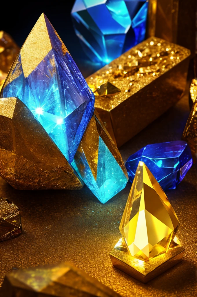 reasures, crystal, gem, gold, very beautiful, ore, ingot, photorealism, 8k, extra detailed, fantasy, forest