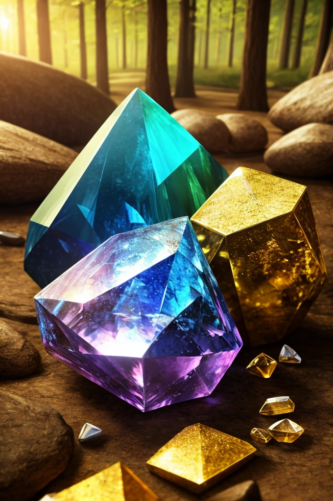 reasures, crystal, gem, gold, very beautiful, ore, ingot, photorealism, 8k, extra detailed, fantasy, forest