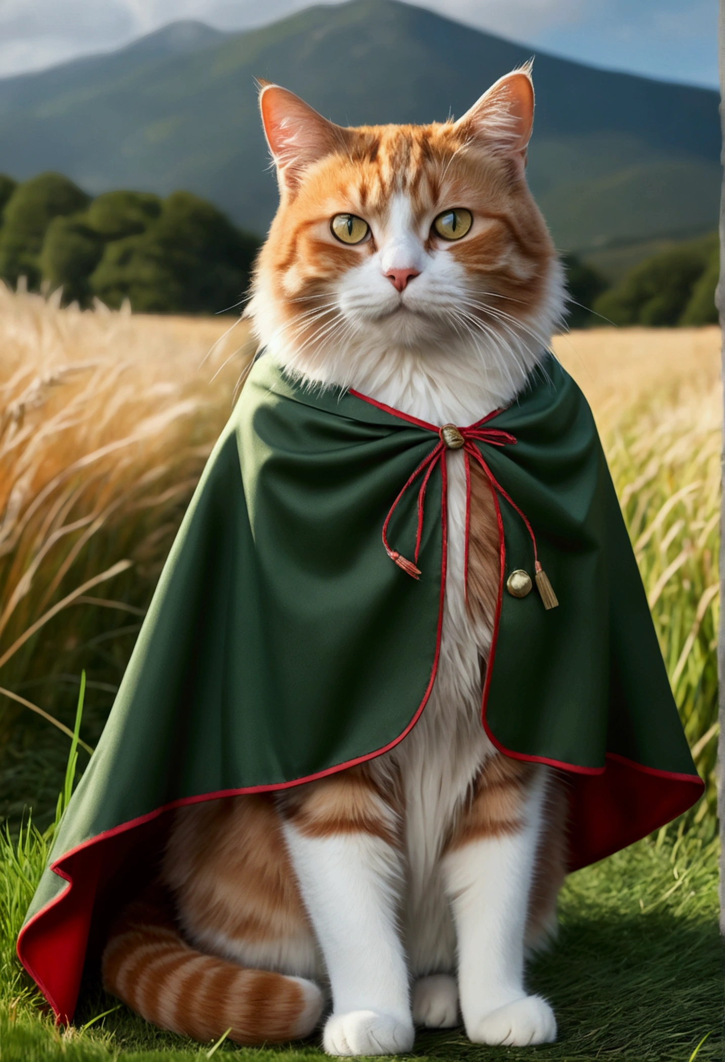 (best quality,4K,8k,A high resolution,master part:1.2),ultra detail,(Realistic,photorrealistic,photo-realistic:1.37),a cat wearing cape, (written "OCKSYI" on the cape). mountain grass field background