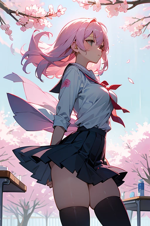 men and women、men and women、2 people、duo、love人、high school girl、duo、love愛ゲーム、heroine、love、student、beautiful girl、pink、Low Contrast、pastel、In the classroom、cherry blossoms、Sunny/Rainy、Light、spring breeze、fluffy、Soft and fluffy、cute、Loose atmosphere、Hair blowing in the wind、Calm、ephemeral、School uniforms、shirt、ribbon、skirt、Large Breasts、Thighs、Black knee-high socks