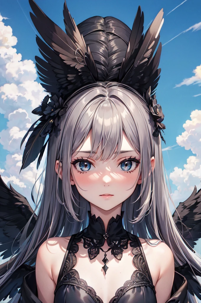 masterpiece, Angel Girl, young,12 years old,Brunette with wings, Black dress with feathers, Close-up portrait, Delicate face, Lots of black feathers, silver,Black Wings, Blue sky, cloud, castle, whole body,(Cover Style:1.3)