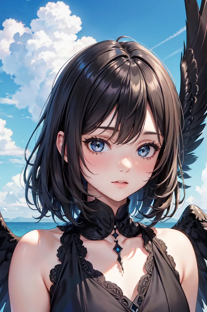 masterpiece, Angel Girl, young，12 years old，Brunette with wings, Hart neckline，Black dress with feathers, Close-up portrait, Delicate face, Lots of black feathers, silver，Black Wings, Blue sky, cloud, castle, whole body,(Cover Style:1.3)，anger，Veins popping out，fury ，ruins
