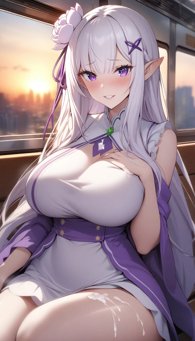 masterpiece, best quality, very aesthetic, absurdres, 1girl, mature_lady,white_dress,(cum_on_body:1.2),,emilia_(re:zero), re:zero_kara_hajimeru_isekai_seikatsu, 1girl, elf, pointy_ears, white_hair, long_hair, purple_eyes, hair_flower, hair_ornament, hair_ribbon, purple_ribbon,,on a bench in a train,the sun set, city landscape over the window,,blur background,background defocus,