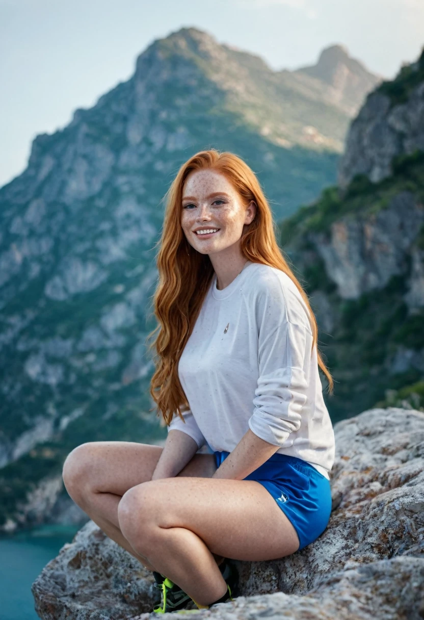 photography of mountains and sea in Italy, there is a Madelaine Petsch in right corner of the photography, sitting on a rock in summer sport clothes, long ginger hair, day light, enjoying, girls, summer, hot girls, (((very heavy bust))), ginger hair, long_hair, symmetrical face, photorealistic, photography, gorgeous, cleavage, western, (masterpice), best quality, high resolution, spectacular lighting, extremely detailed, skin with pores, freckles, depth of field, C-cup breats, model body, cinematic lighting, smiling, direct look at camera, detailed environment, rock mountains in Italy, extremely detailed environment