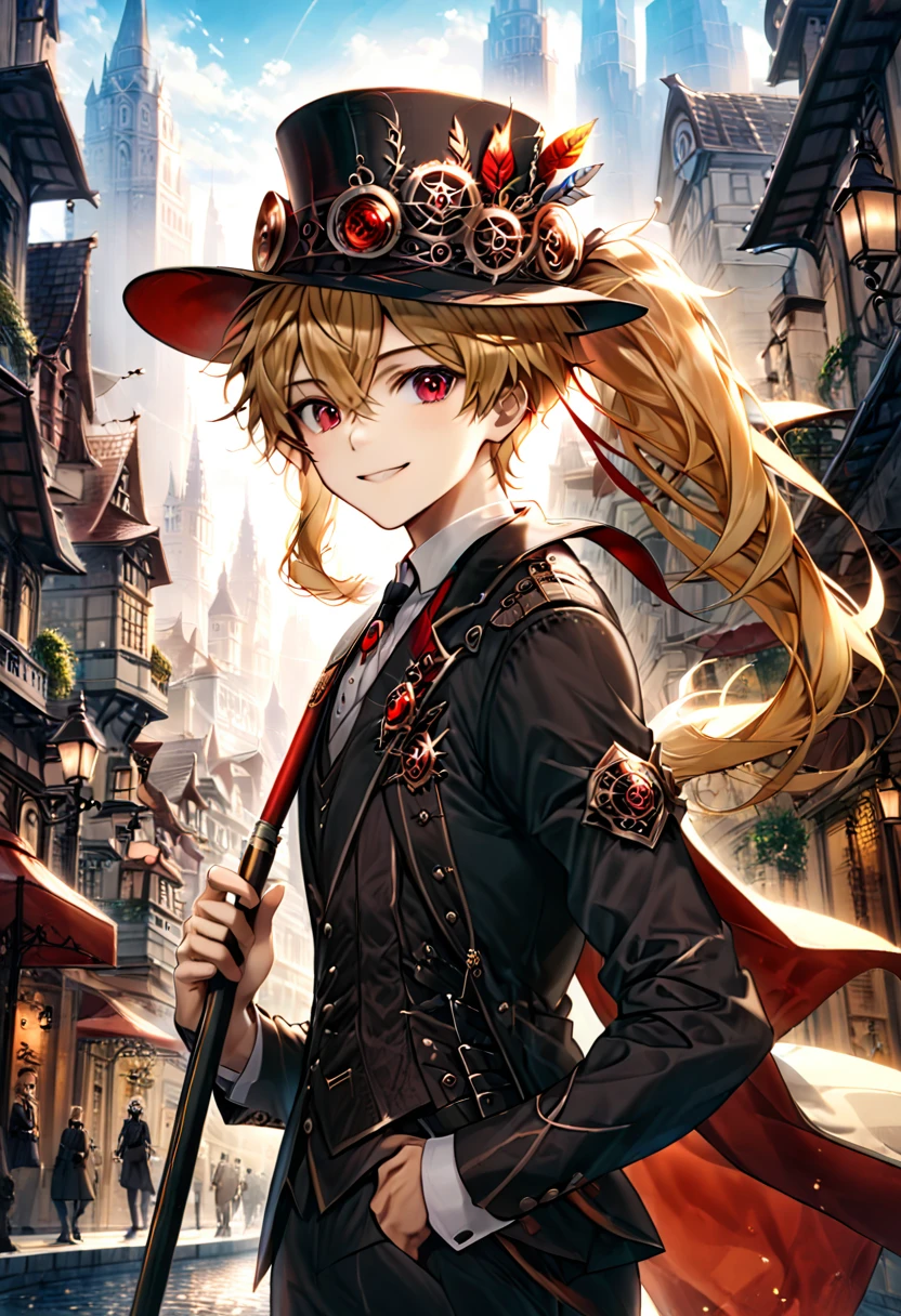 One young boy, red ruby eye, beautiful face like girl, ponytailed blonde, in noble suit. City background. Hat. Cane. Noble. Smile