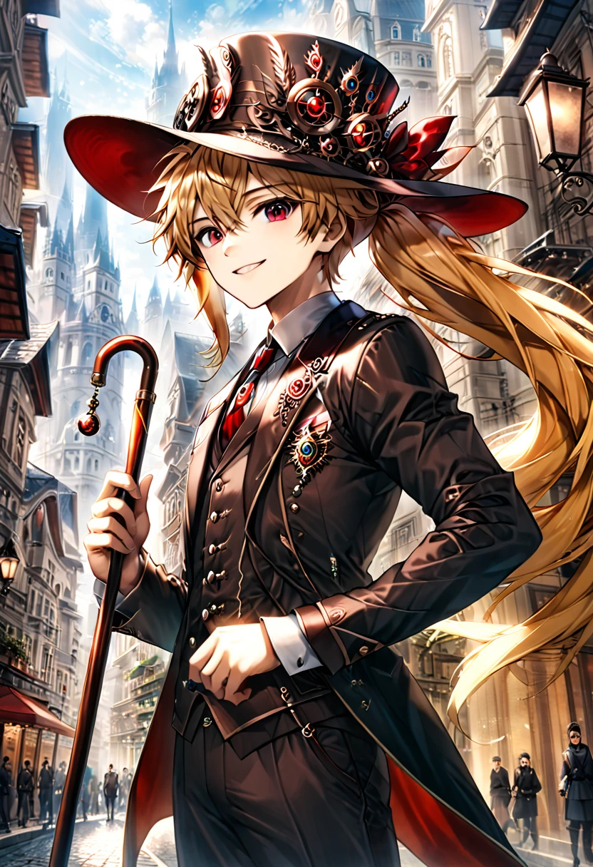 One young boy, red ruby eye, beautiful face like girl, ponytailed blonde, in noble suit. City background. Hat. Cane. Noble. Smile