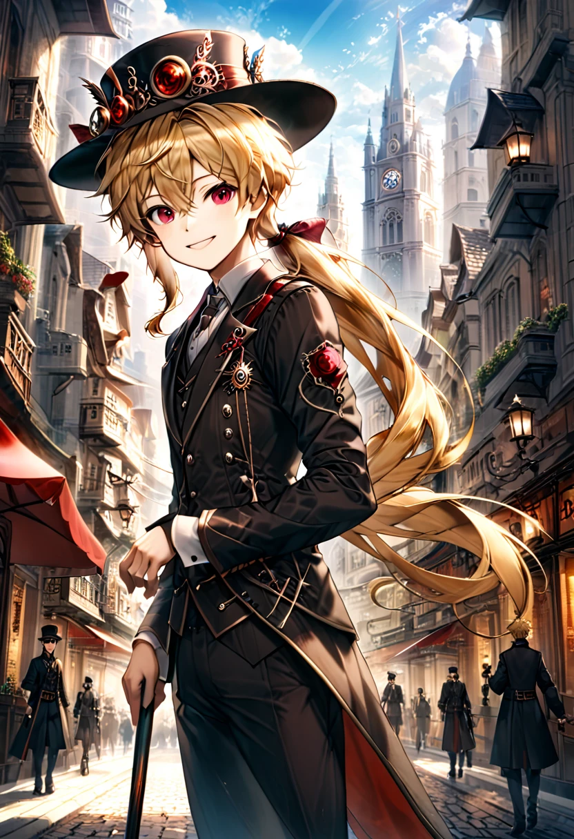 One young boy, red ruby eye, beautiful face like girl, ponytailed blonde, in noble suit. City background. Hat. Cane. Noble. Smile