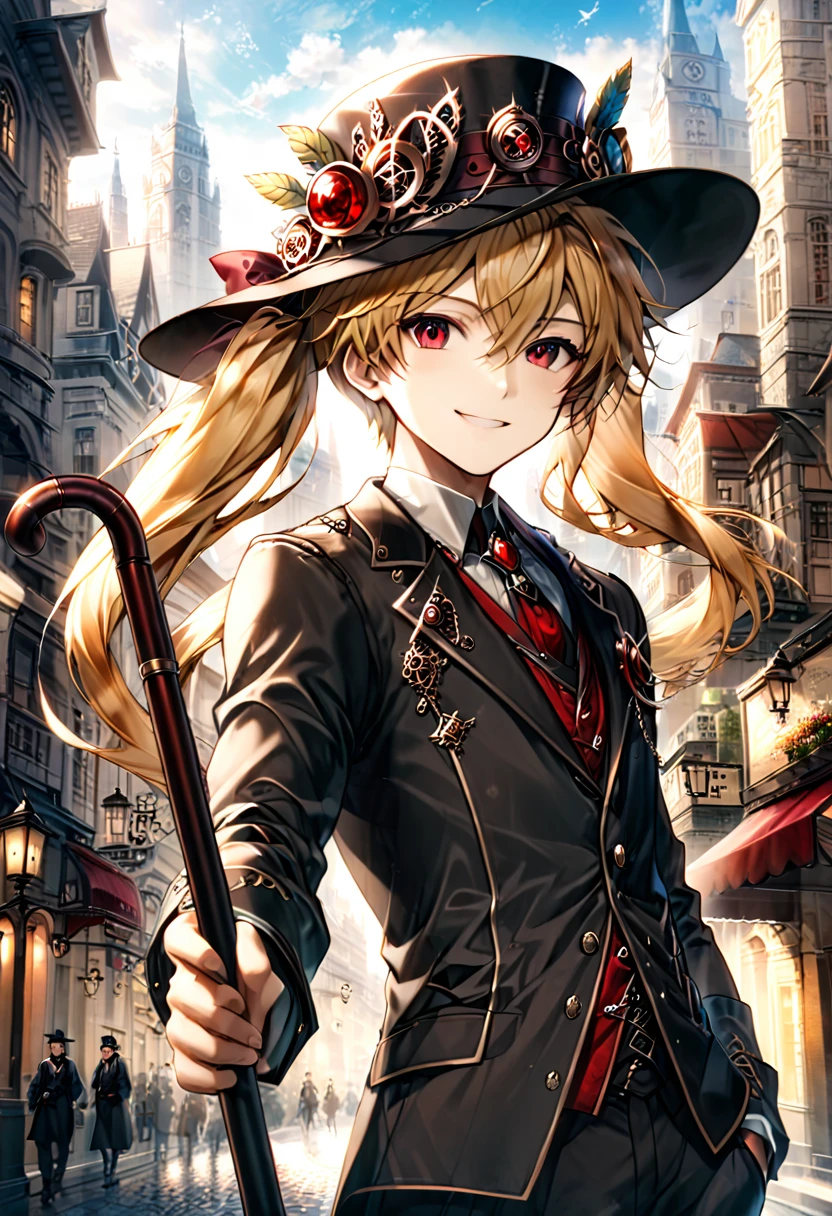 One young boy, red ruby eye, beautiful face like girl, ponytailed blonde, in noble suit. City background. Hat. Cane. Noble. Smile