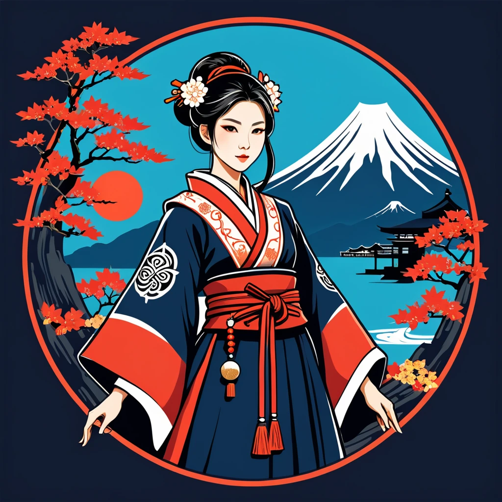 female mage in japan folk outfit, vector graphics, strong contours, logo design

