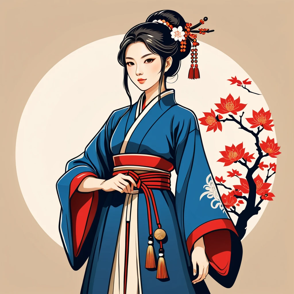 female mage in japan folk outfit, vector graphics, strong contours, logo design