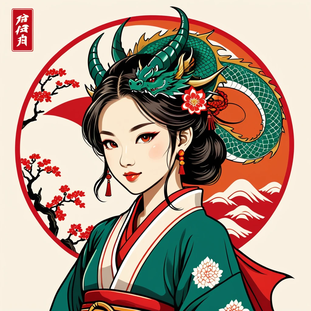 female dragon  in japan folk outfit, vector graphics, strong contours, logo design
f