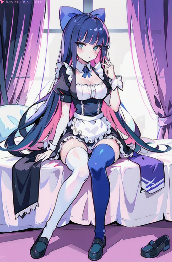 (masterpiece, top quality, best quality), pixel,pixel art,1stocking_anarchy, stocking_\(psg\), full body, embarrassed, maid outfit, thighhighs, sitting on bed