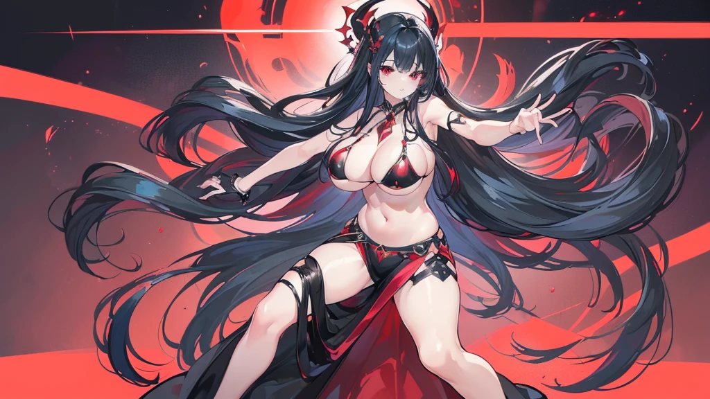 (Exquisite eyes),(Clear and beautiful eyes:1.61),masterpiece, ung girl,(Black clothes and some red gems), Black long hair, (She has a huge red gem on her chest), Good Hand,((The Havoc of StarCraft)),full-body shot,Fighting Stance,(Red Eyes:1.466),short and small,(Very big breasts:1.35),(Pretty Face),(full-body shot:1.33),Beautiful hands