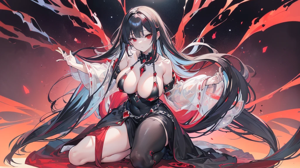 (Exquisite eyes),(Clear and beautiful eyes:1.61),masterpiece, 1 young girl,(Black clothes and some red gems), Black long hair, (She has a huge red gem on her chest), Good Hand,((The Havoc of StarCraft)),full-body shot,Fighting Stance,(Red Eyes:1.466)，short and small,(Very big breasts:1.35),(Pretty Face),(full-body shot:1.33),Beautiful hands