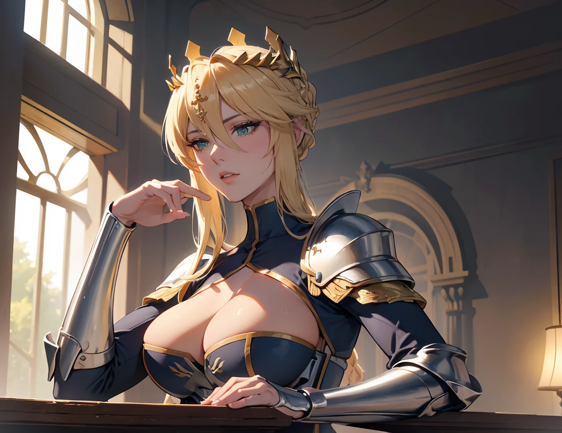 Artoria Lancer, Mulher Madura, elegante, cabelo loiro, olhos verdes, Curvilíneo, coroa, Ombro nu, tronco, Resolução 4k, alta qualidade, Hyperresolution，accuracy，Detailed rendering，（Subtle facial image）（Image of fine hair）（topquality）（Masterpieces of masters）（High degree of completeness）（A sense of atmosphere）tmasterpiece，Super detailed and super detailed（portrait), long blonde hair, (((twin braids)))(((ANKLE LENGTH HAIR))) (((Sakimichan))) (((blonde)))((Armor)) ((Halberd))) (((warrior))) (((Tanned skin)))