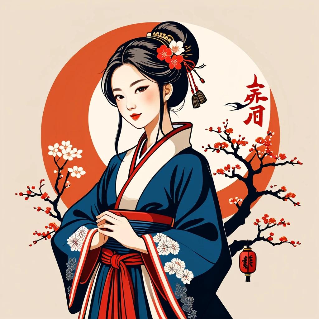 female enchanter in japan folk outfit, vector graphics, strong contours, logo design