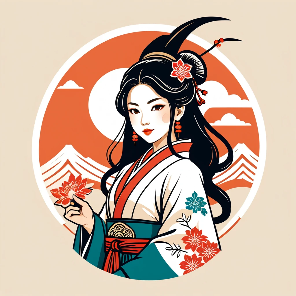 female enchanter in japan folk outfit, vector graphics, strong contours, logo design
