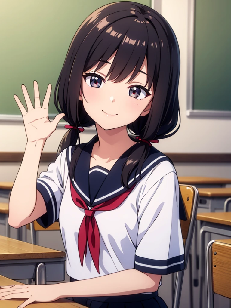 1girl, sitting, (waving at the camera with left hand), (right hand on chest), (head tilt), smile, 15yo, classroom, indoors, school chair, school desk, (low twintails girl), low pigtails, red ribbon on hair, very long black hair, white serafuku with blue ribbon, navy-blue collar, navy-blue skirt, (dark brown eye), afternoon, summer, school, (from front:1.4), upper body, anime, high brightness, detailed face, detailed eyes, (high quality, ultra detailed, masterpiece, super detail, highres, anatomically correct, UDH), good hands, good fingers Japanese anime style, extremely cute, good hands, good fingers, digits