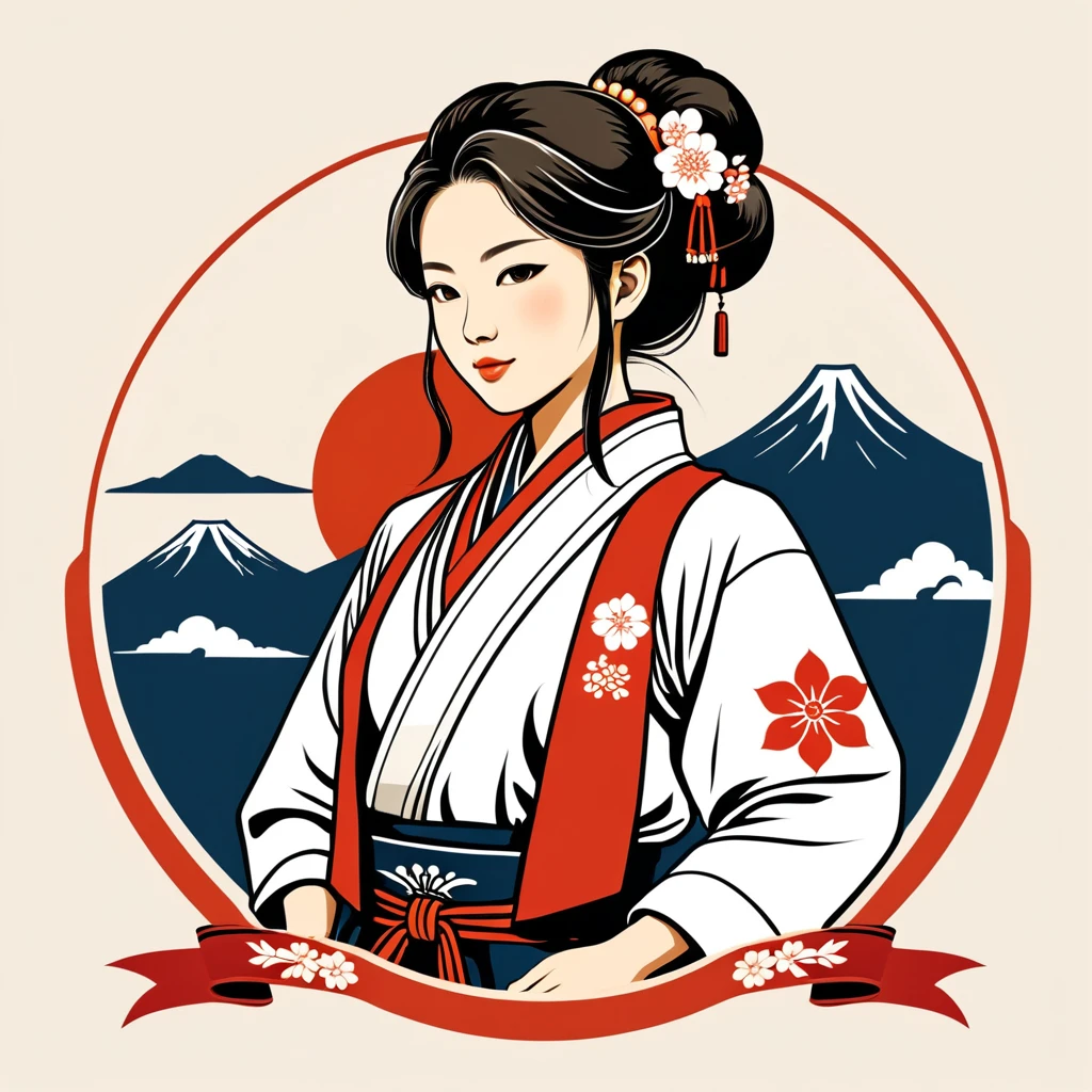 female engineer in japan folk outfit, vector graphics, strong contours, logo design