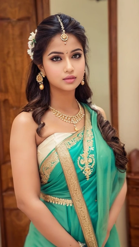 Full body picture of an Indian bride with mehendi henna tattoos on both hands, showing her armpits, BBW, in veil, wet curvy and busty desi mommy in a saree, displaying her big cleavage in a sleeveless blouse, wearing a nose ring, many bangles on both hands, earrings, necklace, lipstick, and showcasing her navel and chubby curves.