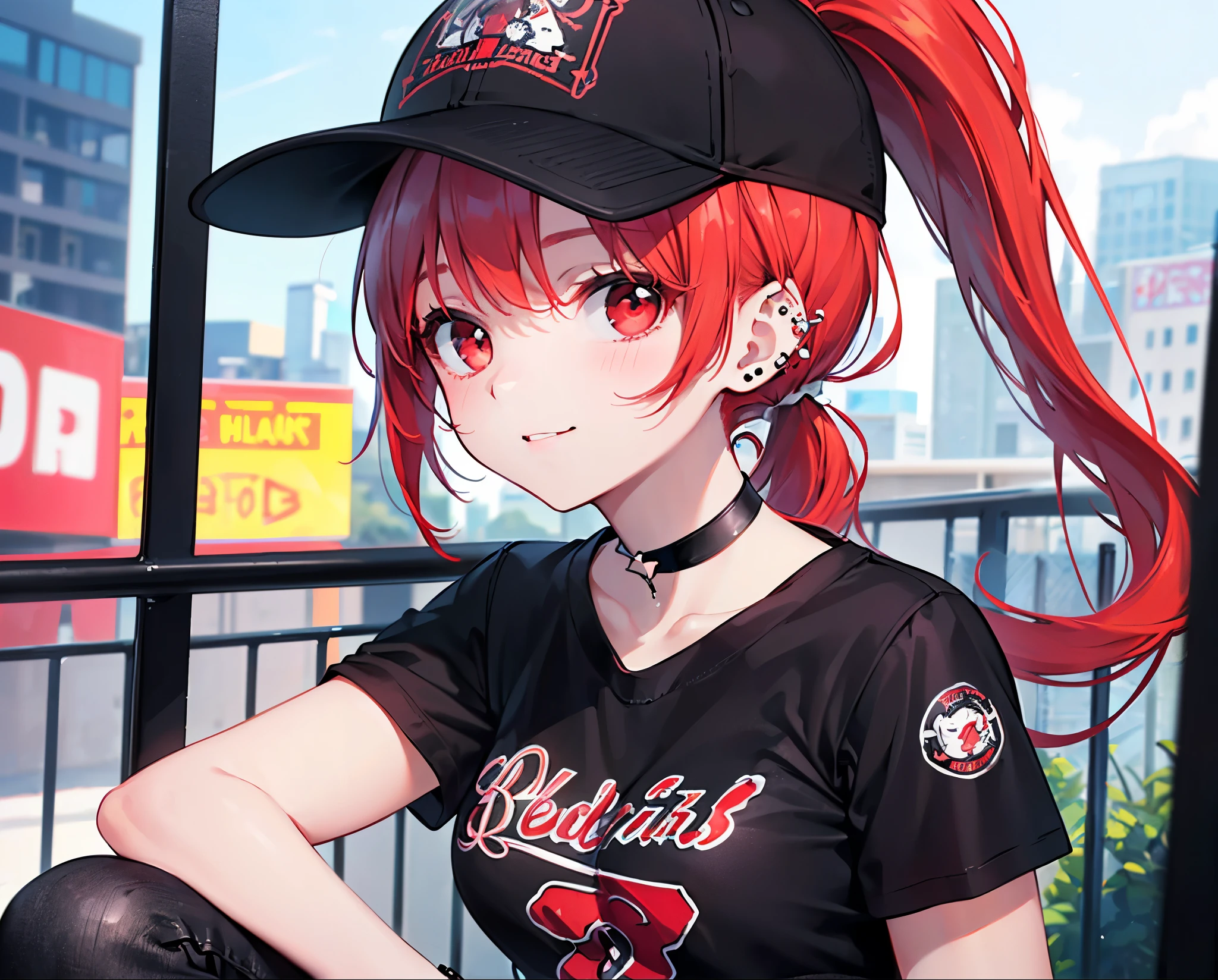 (Close-up:1.3),Realistic,Highest quality, Ultra Detail, High-quality CG rendering, The most delicate and beautiful, Floating softly, High resolution, (1 girl), (Highest quality,4K,8k,masterpiece:1.2),(All red hair:1.5), (ponytail:1.5),(Red eyes:1.5),(Slightly larger breasts:1.2), (Oversized black short sleeve t-shirt:1.3),(Black skinny jeans:1.3),(Black baseball cap:1.3),In the city,old buildings,Narrow back alley,Are standing,smile,(Piercing in left ear:1.3),(Pitch black choker:1.5),Knee