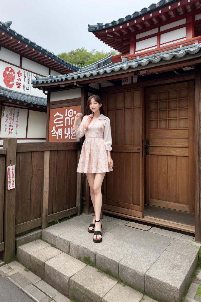 The image shows、A beautiful Japanese girl is shown。she伝統的な雰囲気を持つ建物を背景にして立っています。The building is made of wood、The green vegetation is lush、Red lanterns are hung in a row。The windows and balconies of the building have yellow frames.、The overall color tone is warm and attractive.。Behind her are people who appear to be tourists.々Also seen、You can see that this place is a popular tourist destination.。she、She is wearing a light white dress with blue and pink floral print.。This dress is、Thin straps go over the shoulder、Deep open chest design、It accentuates her beautiful feminine curves.。The floral pattern on the dress、It blends in with the traditional Japanese architecture in the background.、It makes the beautiful girl's presence stand out even more.。Her face is very pretty、Her big eyes are as lively as those of an anime character.。Her hairstyle is simple and long.、My bangs are hanging over my forehead。She has big earrings on her ears、accessoriesが彼女の顔をさらに引き立てています。The earrings are set with blue stones.、It matches beautifully with the floral pattern of the dress.。Her expression is soft、Gives a calm and friendly impression。It looks like he's smiling a little、Gives the viewer a relaxing feeling。Her posture is relaxed、I have one hand on the wooden railing。This pose is natural、It blends in with the traditional atmosphere of the background.。The building in the background、It is decorated with colorful lanterns and green plants.、Highlights traditional Japanese beauty。The details of the building、You can see the traditional Japanese architecture.、You can feel the history and culture。Tourists in the background、It seems that they are enjoying the charm of the building.、The lively atmosphere is conveyed。From this whole image、A fusion of traditional Japanese beauty and modern beauty、It's a very fascinating scene。The beauty of a beautiful girl、The background scenery becomes one、Make a strong impression on the viewer。Her fashion、accessories、And the background is perfectly harmonized.、It's like a beautiful painting.。