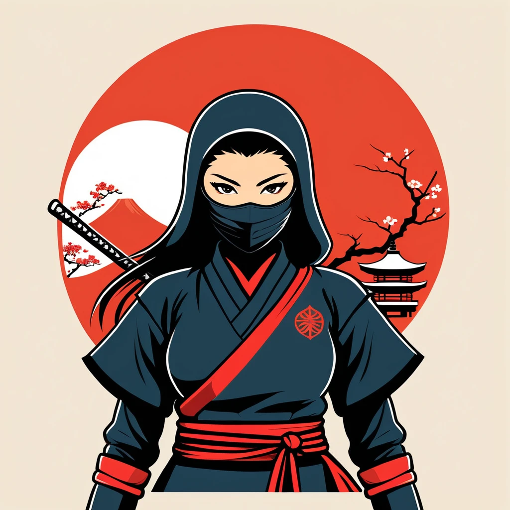 female ninja in japan folk outfit, vector graphics, strong contours, logo design