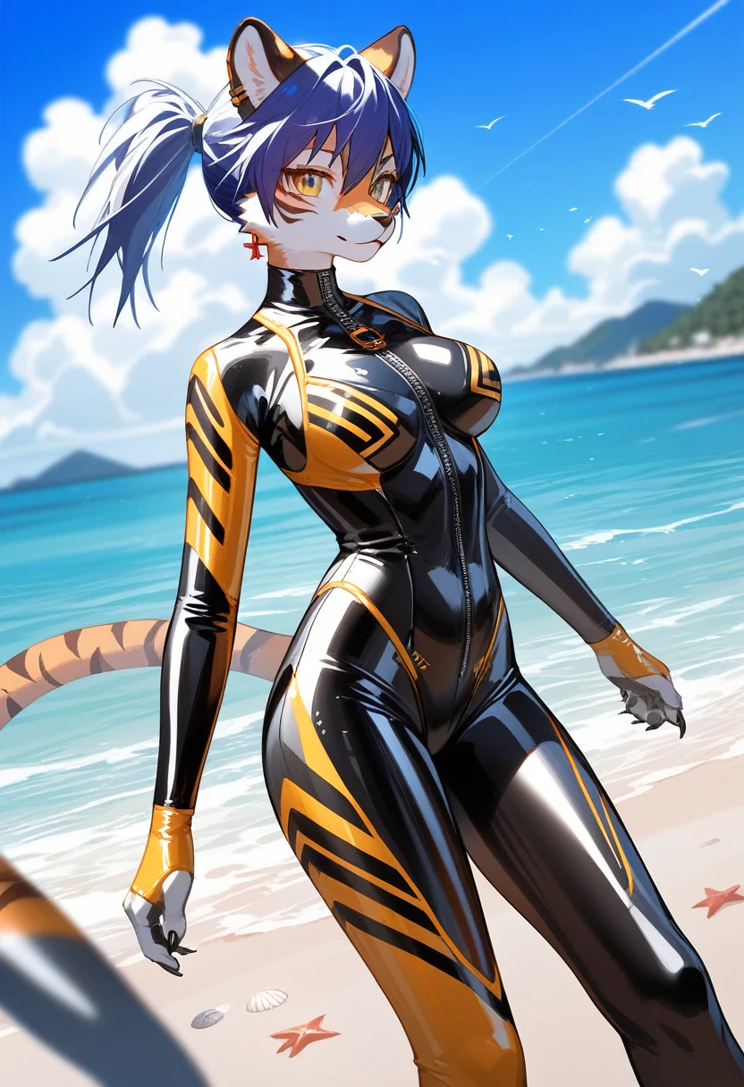 Author: zackary911, zackary911, ((Best Quality, super detailed illustration, Furry Girl (shark:1.4), orange striped body, Messy medium length hair, matte black hair color, bathing suit, Green eyes, at a beach, 가슴, antrum, Extremely detailed, The legs are extremely detailed, The hands are very detailed, The face is extremely detailed, The eyes are perfectly detailed, The anatomy is very detailed))): 1.2, 独奏, Huge butt, tight underwear, underwear, Skin, perspective, front angle, Kneeling, Looking at the viewer with a predatory gaze and a smile,