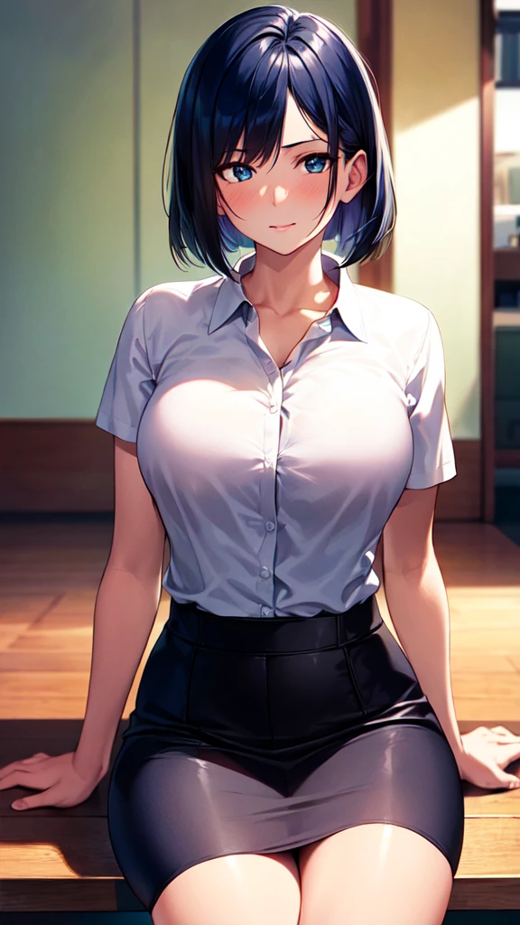 Ultra-high resolution、Ultra HD、8k,Realistic、tomboy、Boyish Girl、Big Breasts、tsurime,White blouse、White dress shirt、Large Breasts、blue-hair、very-short-hair,green-eyes,Black mini skirt、black-pantyhose,angry、White shirt with collar,Transparent nipples