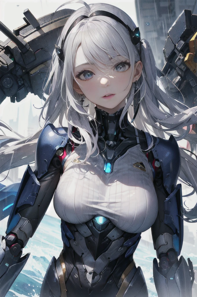 Super Detail, High Detail, high quality, best quality, High resolution，1 female robot，Beautiful female robot,beautiful clear face(Rain waves_haneame：1.5)， Realistic, High resolution, Soft Light,Hips up, (Detailed face), silver hair, long hair, Mecha Maiden, Colorful mechanical parts, mechanical joint, Thick mechanical armor,Weaponry, All metal body, Technology Antenna Hair Accessories