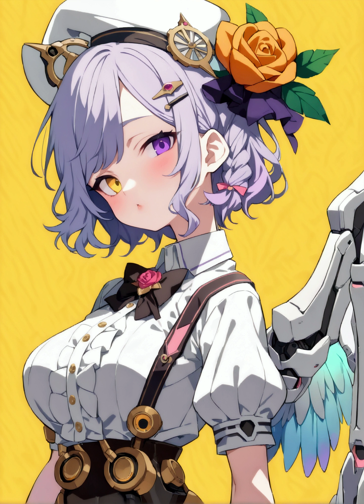 woman 165cm tall, slim build, , charming look, ((heterocromia: look like, right naranja y look like izquierdo violeta)), (Shoulder Length Wavy Gray Hair, a short braid on the left side of the hair, big open bangs, golden gear hairpin on the left side of the hair), (((complex mechanical legs up to the hip, The legs are black with gray parts with small pink details))), (((complex mechanical arms up to the elbows, The arms are black with gray parts with small pink details))), ((complex mechanical angel wings of white with pastel green)), (elegant black French beret with an orange rose ribbon), (stylish white short sleeve button down shirt, dark brown shorts from the waist, elegant black belt, small rose brooch on shirt collar, beautiful mechanical stilettos), (((character design sheet: Front view))), ((Pastel yellow background)), extremely detailed beautiful hair, beautiful detailed clothing, extremely detailed arms, extremely detailed face, (Extremely detailed hands), perfect hands, small face, hermosos look likes detallados, beautiful detailed lips, adorable, extremely detailed legs, (Best Quality, 8k, ultra resolution), ultra detailed, Exquisite and epic character art, (Focus on symmetry), (extremely detailed wings), (body position: standing, right, symmetrical), looking at the viewer, (whole body).