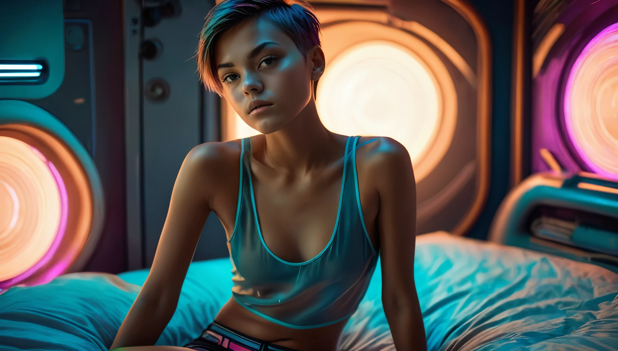 Top Quality, Masterpiece, High Resolution, 8k, wide objective, ((Teenager, 15 Years Old, barely legal)), (Tanned Skin Tone), ((girl in sheer silky oversized Tank Top, side boob, wide neckline, deep neckline, shiny boxers)), ((bare belly, big perky breasts, detailed face, detailed eyes, thin eyebrow, detailed lips, small hips, no makeup, some tattoos)), (Tomboy Style, tomboyish), (randowm short hair style, straight hair, short pixie cut hair), (((in a spaceship on the bed, moody atmosphere, dim light, dramatic and neon colors, futuristic setting, intricate details, at night, random pose, neon colors))), full body view