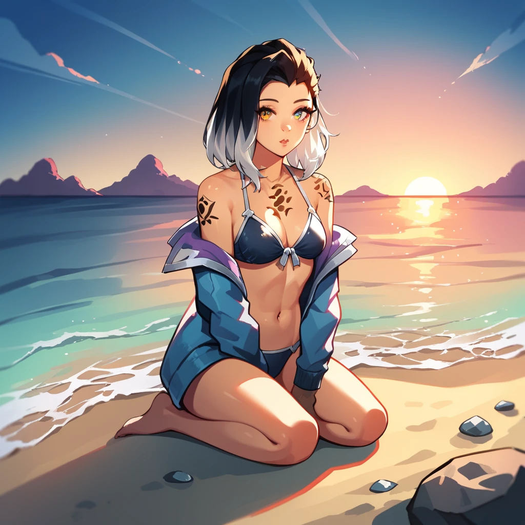 Beautiful picture of fade_valorant sitting on the beach enjoying the view, bikini, sitting on a rock, sunset, shoulders tattoo of a bear paw (8k)