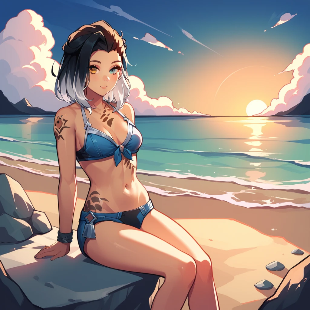 Beautiful picture of fade_valorant sitting on the beach enjoying the view, bikini, sitting on a rock, sunset, shoulders tattoo of a bear paw (8k)