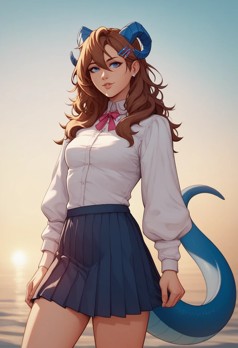 (masterpiece, best quality:1.2)((brown hair))((blue eyes)),solo,1girl,((eyes tilted outwards)), ((close up photo)), (small breasts), mature_female, milf, blue_dragon_horns,averting_eyes,blue_dragon_tail,hair_between_eyes,basic_blue_hairpin,long_hair, messy_hair, casual_clothing, puffy_sleeves, wide_sleeves, girly_clothes, pleated_skirt