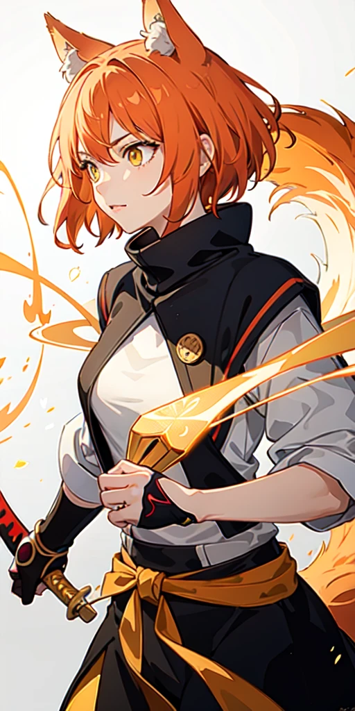 upper body, 1girl, orange hair, wolf tail haircut, yellow eyes, (ninja), short sword, medium breats , yellow scarf, wallpaper, magic circle background, light particles, green wind,