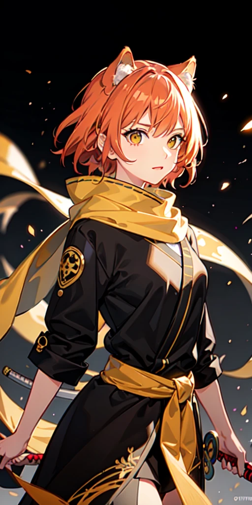 upper body, 1girl, orange hair, wolf tail haircut, yellow eyes, (ninja), short sword, medium breats , yellow scarf, wallpaper, magic circle background, light particles, green wind,