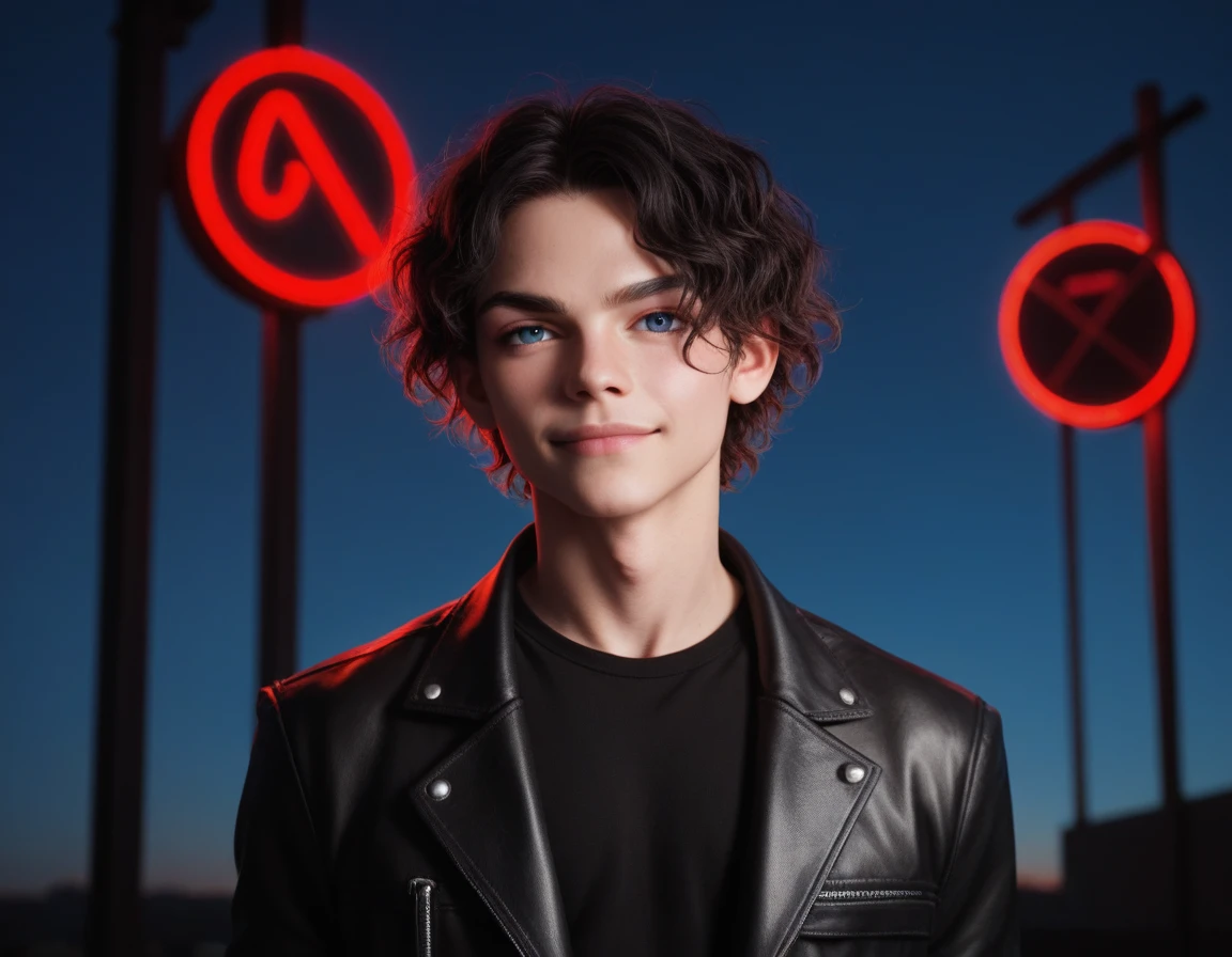 Hyper realistic, dark vibes, solo, young man, facing camera, 21 years, pale skin, model (skinny:1.2), blue eyes, (short wavy textured blond hair:1.2), black leather jacket, holding sharp knife, dark lighting, background (night BDSM club:1.2), foreboding, sexy, attractive, demon, incubus, evil, dark, sadistic expression(smirk:1.1), (red neon sign that says "CONTEXT":1.1)
