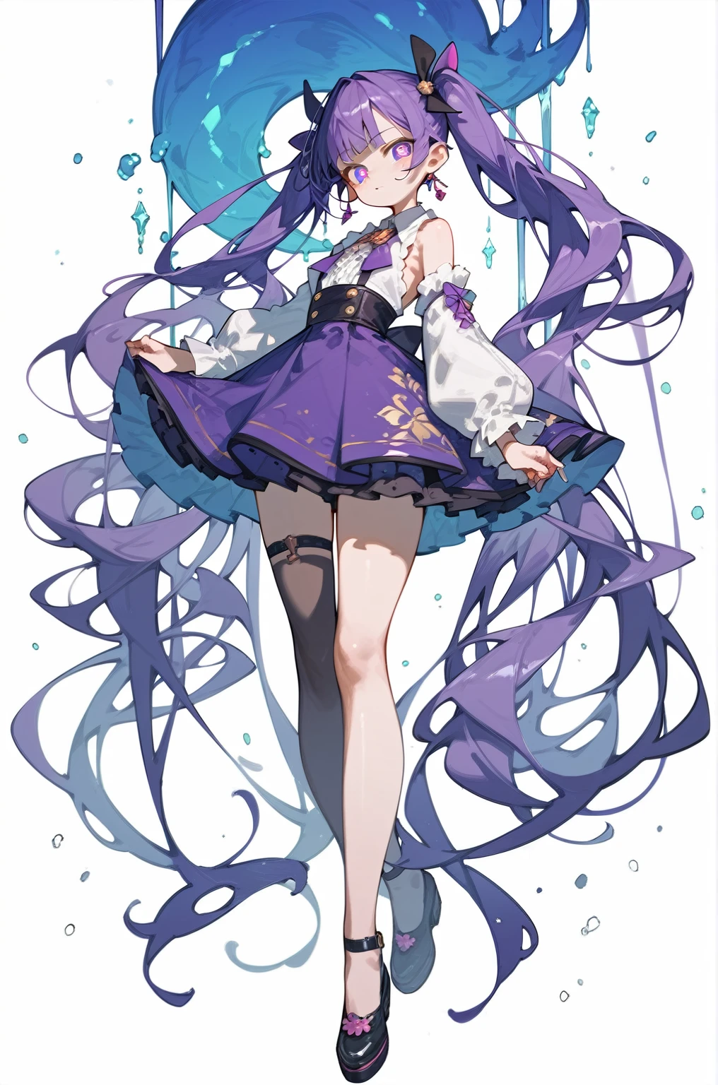 Long twin tails，Purple Hair，Purple pupil character full body portrait