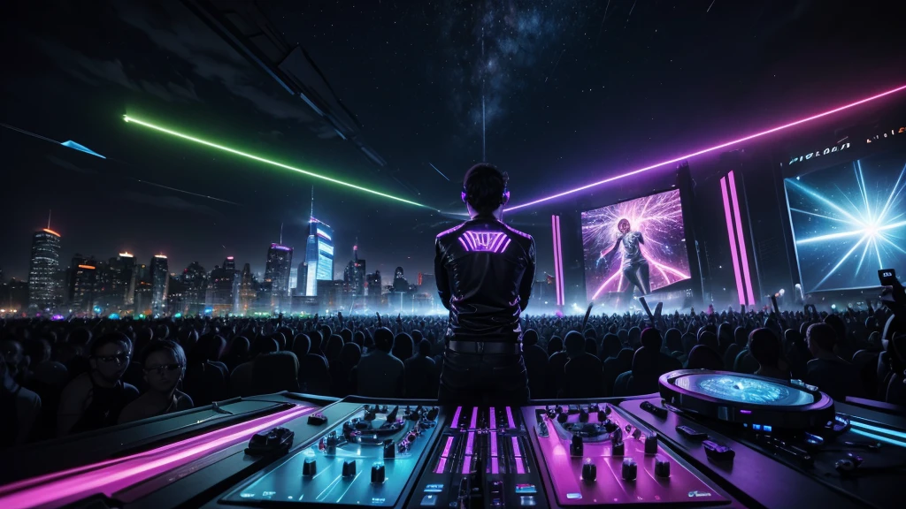 /imagine prompt: A hyper-realistic album cover for a Trance Music 2024 CD, depicting a vibrant, futuristic cityscape at night with neon lights reflecting off sleek skyscrapers and busy streets. In the foreground, a DJ with headphones and a focused expression is performing on advanced turntables with holographic displays. The scene is filled with dynamic energy, laser lights cutting through the night sky, and a crowd of enthusiastic fans. The overall aesthetic should be ultra-modern and immersive, capturing the high energy and excitement of trance music. Include the title "Trance Music 2024" and artist name "DJ Pulse" in stylish, glowing typography.
