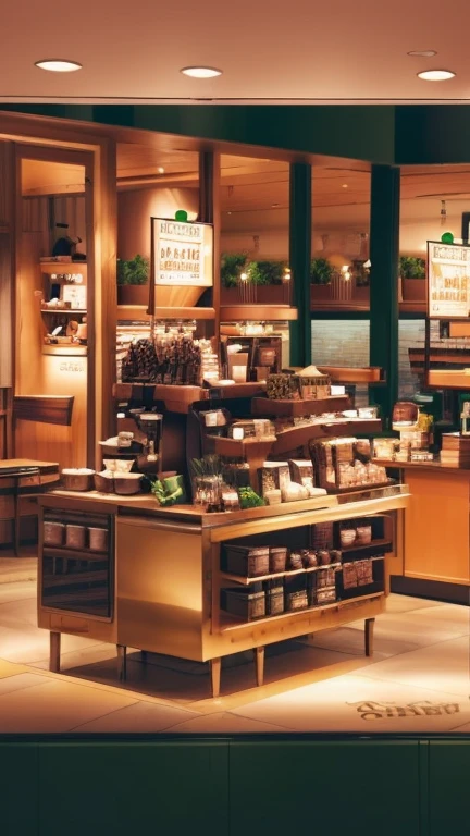 There is a shop，Lots of food on the counter, Starbucks Apron and Visor, Products, A celebration of coffee products, photo for a store, Partially looking left, Panorama, author：Emma Andijewska, Evening dusk, illustrated starbucks interior, Full view, detailed picture, exclusive