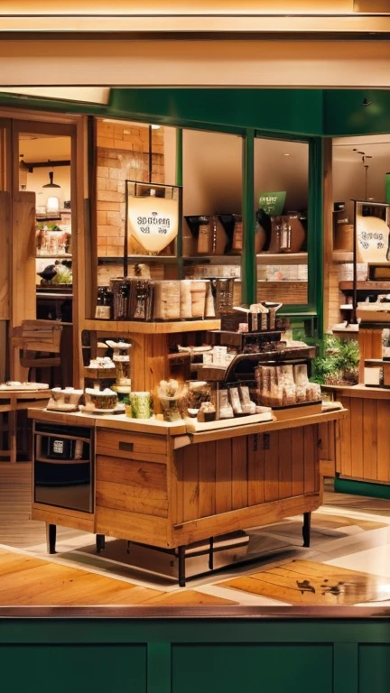 There is a shop，Lots of food on the counter, Starbucks Apron and Visor, Products, A celebration of coffee products, photo for a store, Partially looking left, Panorama, author：Emma Andijewska, Evening dusk, illustrated starbucks interior, Full view, detailed picture, exclusive