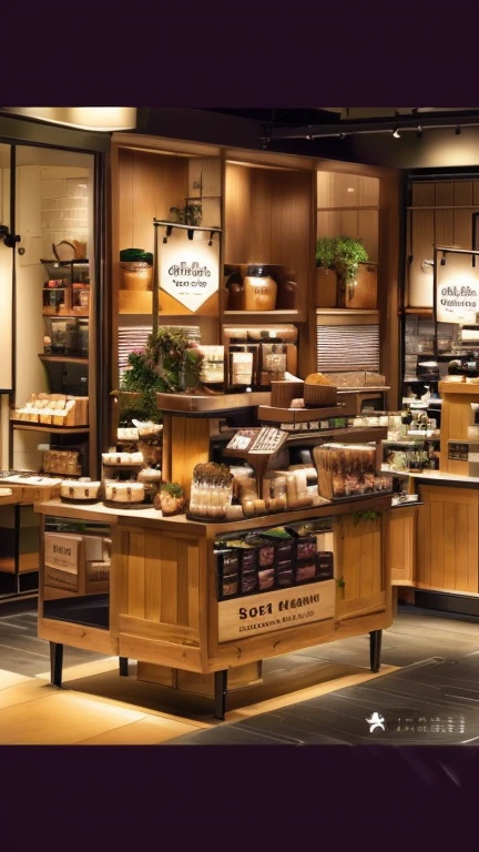 There is a shop，Lots of food on the counter, Starbucks Apron and Visor, Products, A celebration of coffee products, photo for a store, Partially looking left, Panorama, author：Emma Andijewska, Evening dusk, illustrated starbucks interior, Full view, detailed picture, exclusive