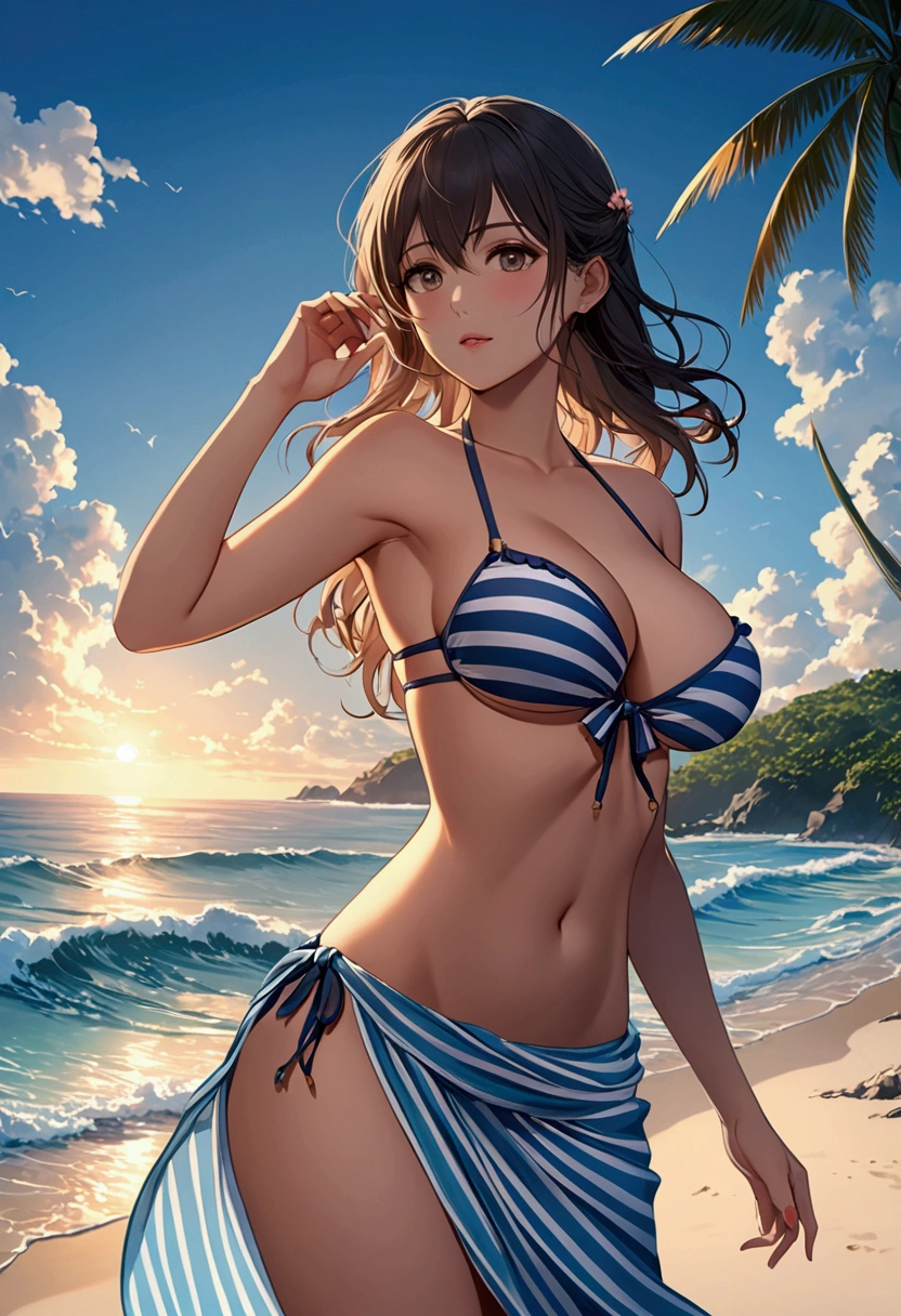 (masterpiece, best quality, high resolution), 1girl bikini ocean large breast sarong frilled stripe bikini