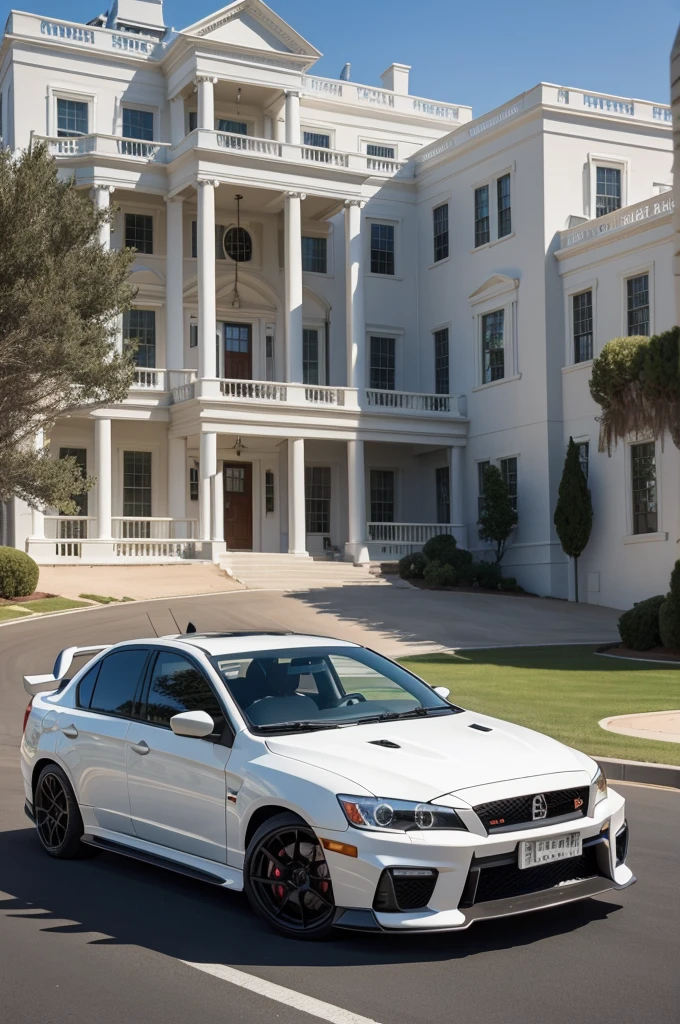 A Lancer Evolution 10 in front of a white house-style mansion in the desert 